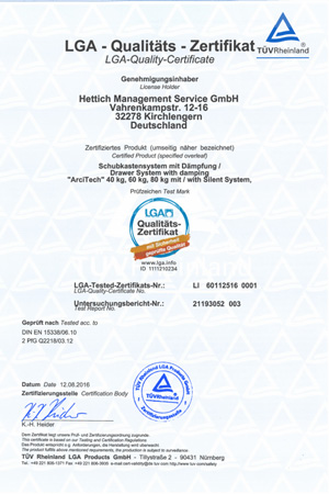 TUEV LGA sertifikat za Hettich ArciTech fioke 40-60-80kg